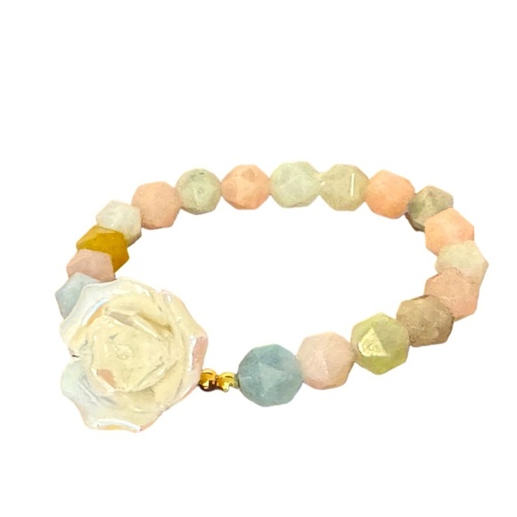 Hand Crafted Jewelry - Morganite beaded stretch bracelet with resin rose and gold filled spacers